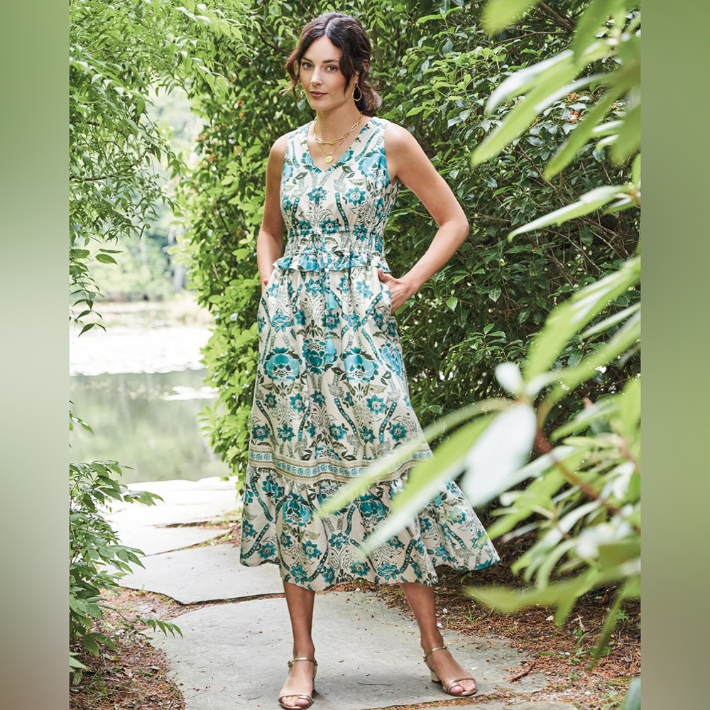 Spartina 449 Justine Midi Dress Mystic Moss Stencil Blue Sleeveless V-Neck Dress